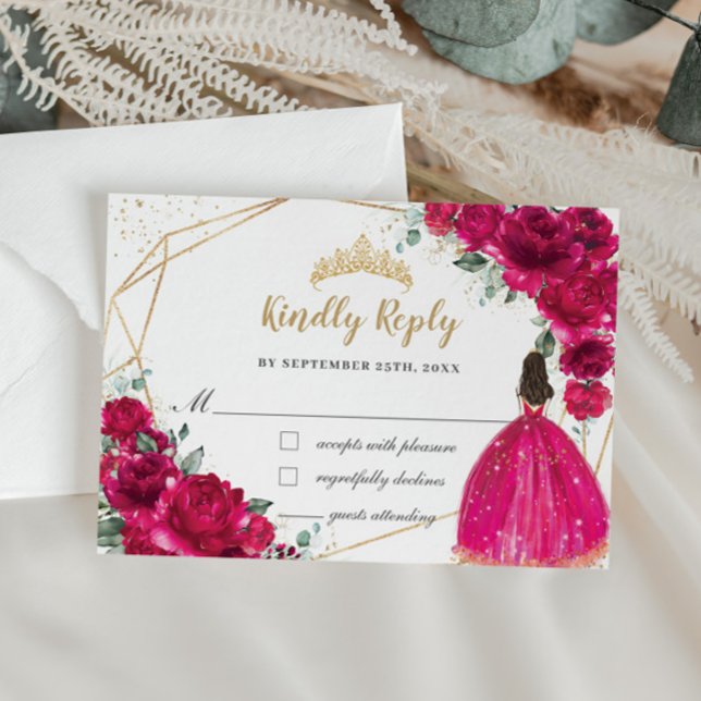 Fuchsia Pink Floral Quinceañera Princess Reply RSVP Card (Creator Uploaded)