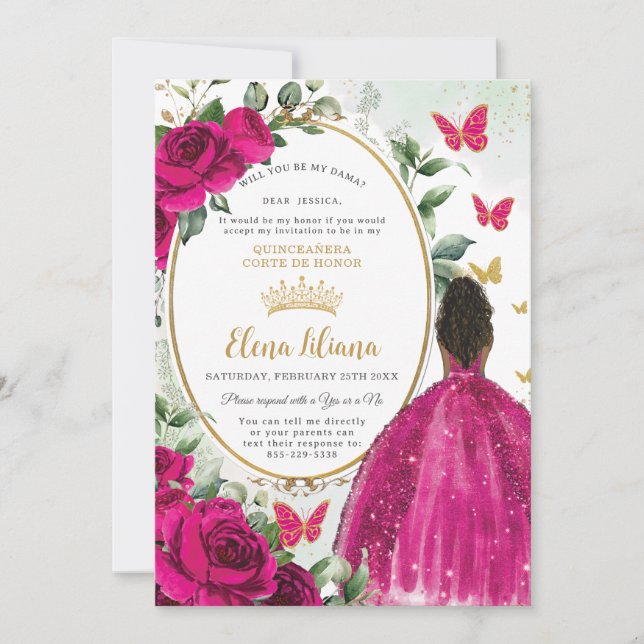 Fuchsia Pink Floral Roses Quinceañera Dama Request Invitation (Front)