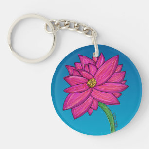 Fuchsia Pink Flower with Blue background Keychain
