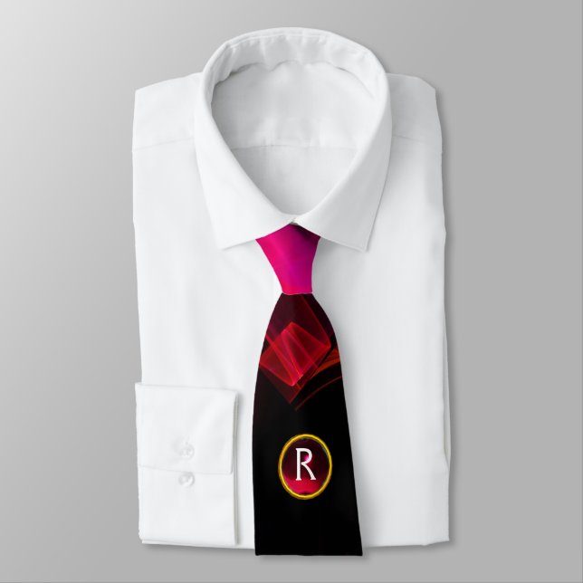 FUCHSIA PINK FRACTAL WAVES,SWIRLS,RED GEM MONOGRAM TIE (Tied)