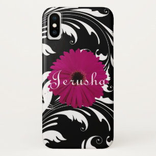 Fuchsia Pink Gerbera Daisy Black/White Swirl Girly Case-Mate iPhone Case