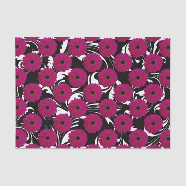 Fuchsia Pink Gerbera Daisy Black/White Swirl Girly Tissue Paper (Front)