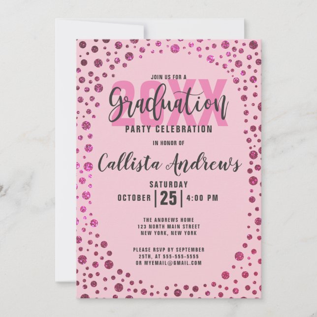 Fuchsia Pink  Glitter Confetti Border Graduation Invitation (Front)