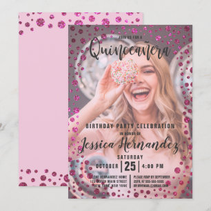 Fuchsia Pink Glitter Confetti Photo Quinceañera Invitation