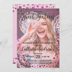 Fuchsia Pink  Glitter Confetti Photo Sweet 16 Invitation