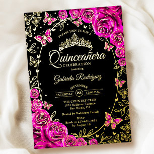 Fuchsia Pink Gold Black Roses Quinceanera
