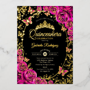 Fuchsia Pink Gold Butterflies Roses Quinceanera