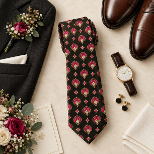 Fuchsia Pink Gold Fan Motif on Black Geometric Tie