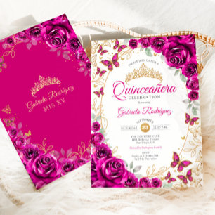 Fuchsia Pink Gold Floral Quinceanera Invitation