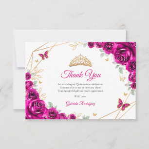 Fuchsia Pink Gold Floral Quinceanera Thank You Card