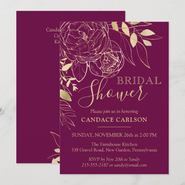 Fuchsia Pink & Gold Modern Floral Bridal Shower Invitation (Front/Back)