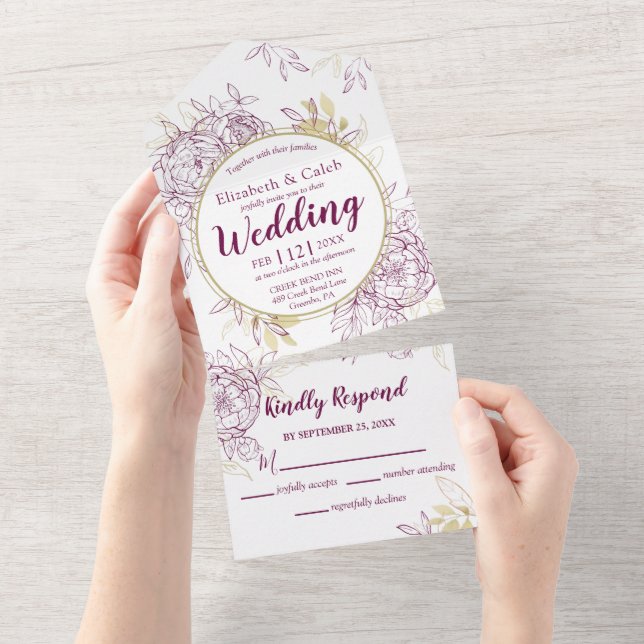 Fuchsia Pink & Gold Peony Floral Toile All In One Invitation (Tearaway)