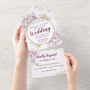 Fuchsia Pink & Gold Peony Floral Toile All In One Invitation