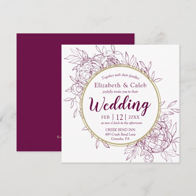 Fuchsia Pink & Gold Peony Floral Toile Wedding Invitation (Front/Back)