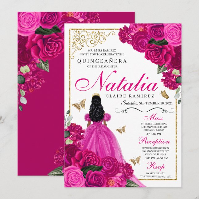 Fuchsia Pink Gold Princess Butterflies Quinceañera Invitation (Front/Back)