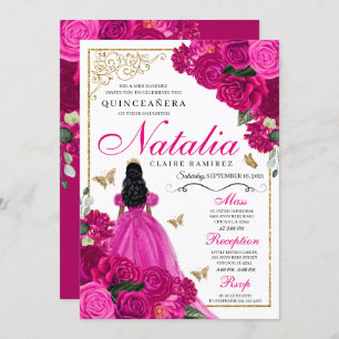 Fuchsia Pink Gold Princess Butterflies Quinceañera Invitation