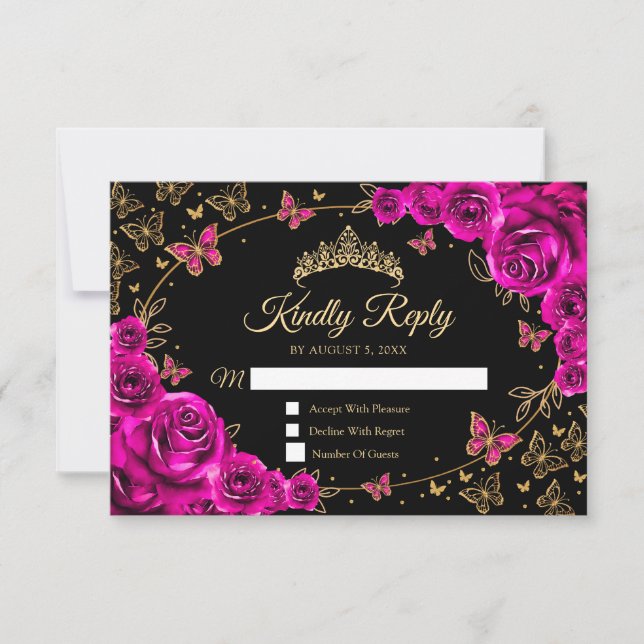 Fuchsia Pink Gold Quinceanera Reply RSVP Card (Front)