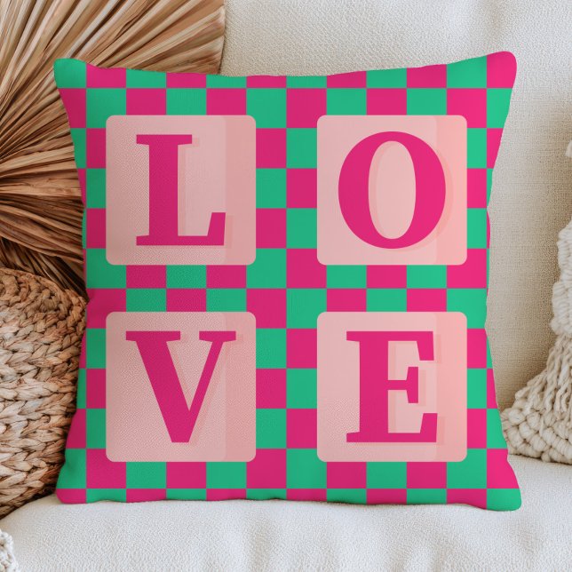 Fuchsia Pink& Green Chequered Pattern Love  Throw Pillow (Creator Uploaded)