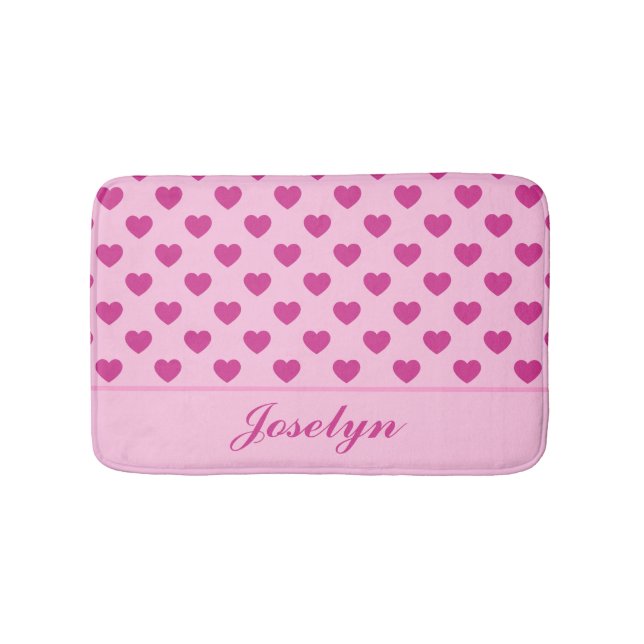 Fuchsia Pink Heart Pattern Handwritten Name y2k Bath Mat (Front)