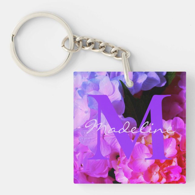 Fuchsia Pink  Hydrangeas, for her monogram  Keychain (Front)