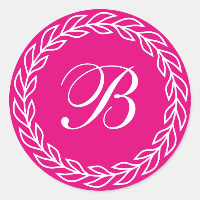 Fuchsia Pink Laurel Wreath with Custom Monogram Classic Round Sticker (Front)