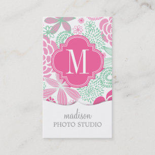 Fuchsia Pink Mint Green Girly Floral Personalized Business Card