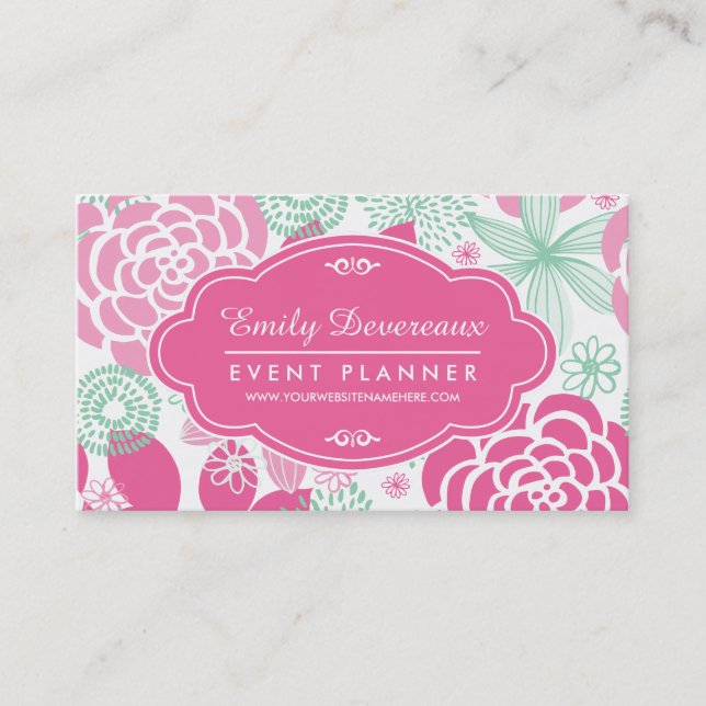 Fuchsia Pink Mint Green Girly Floral Personalized Business Card (Front)