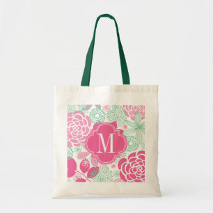 Fuchsia Pink Mint Green Girly Floral Personalized Tote Bag