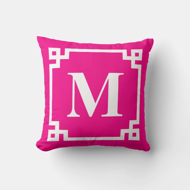 Fuchsia Pink Modern Greek Key Border Monogram Throw Pillow (Front)