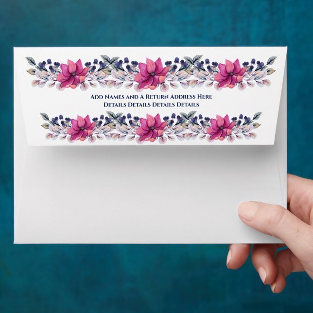 Fuchsia Pink Navy Blue Floral Envelope (Hand)