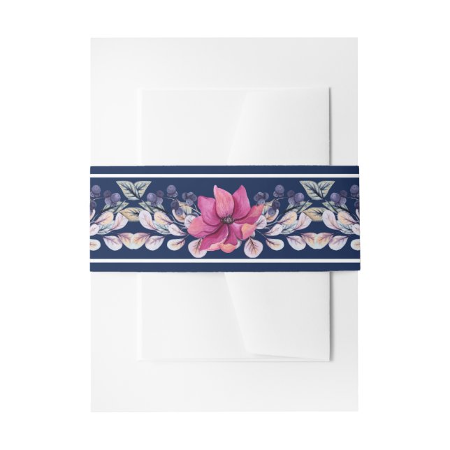 Fuchsia Pink Navy Blue Floral Invitation Belly Band (Front Example)
