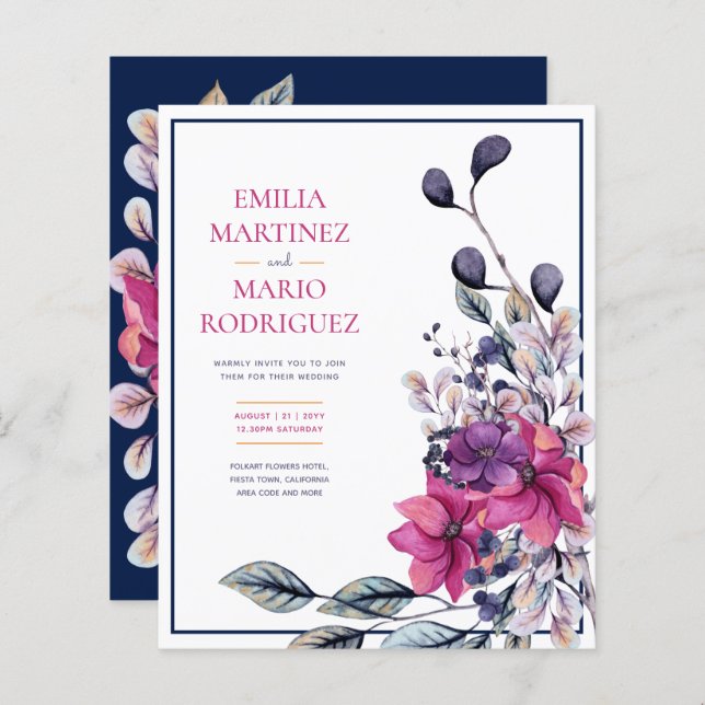 Fuchsia Pink Navy Blue Floral Wedding (Front/Back)