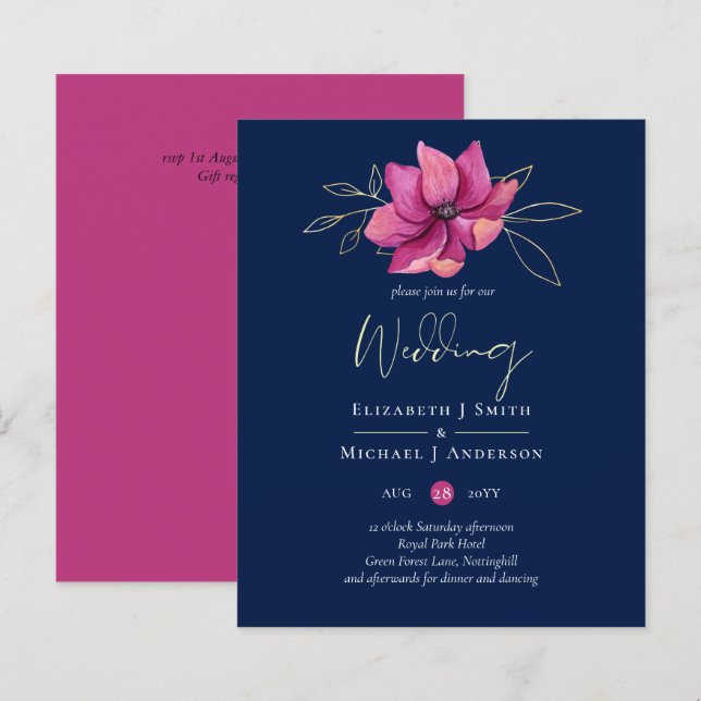 Fuchsia Pink Navy Blue Wedding Invites BUDGET (Front/Back)
