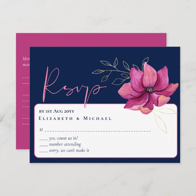 Fuchsia Pink Navy Blue Wedding RSVP Invitation (Front/Back)