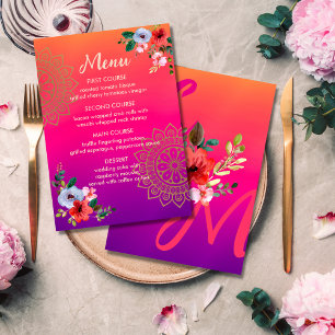 Fuchsia Pink Orange Bright Bold Floral Wedding Menu