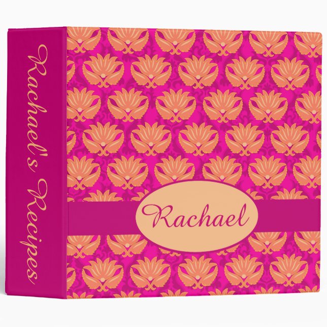 Fuchsia Pink Orange Damask Name Personalized Album Binder (Front/Spine)