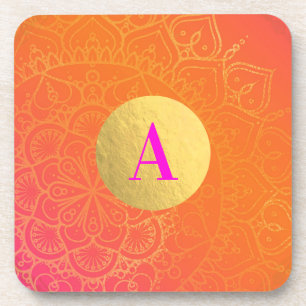 Fuchsia Pink Orange & Gold Indian Mandala Glam Coaster