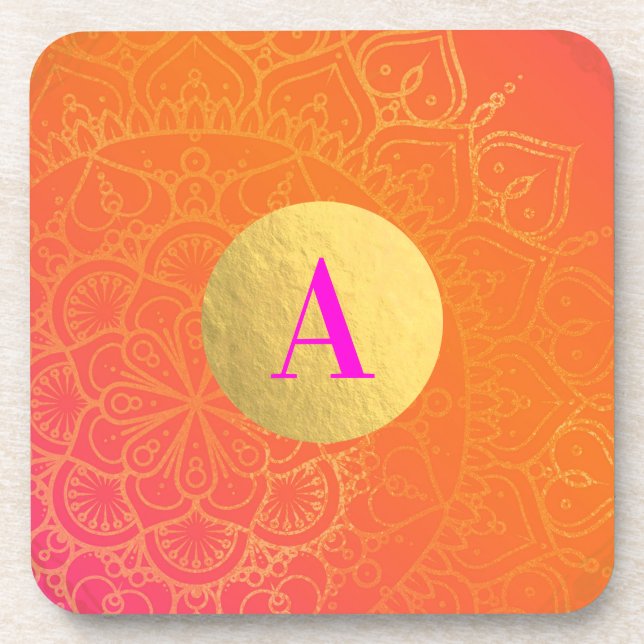 Fuchsia Pink Orange & Gold Indian Mandala Glam Coaster (Front)