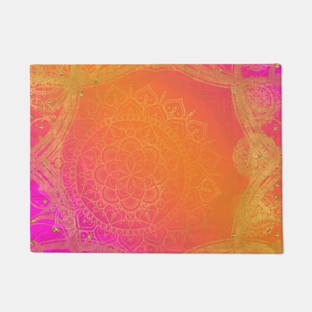 Fuchsia Pink Orange & Gold Indian Mandala Glam Doormat (Front)