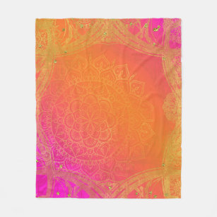 Fuchsia Pink Orange & Gold Indian Mandala Glam Fleece Blanket