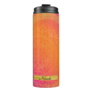 Fuchsia Pink Orange & Gold Indian Mandala Glam Thermal Tumbler
