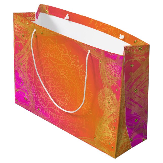 Fuchsia Pink Orange & Gold Indian Mandala Party Large Gift Bag (Back Angled)