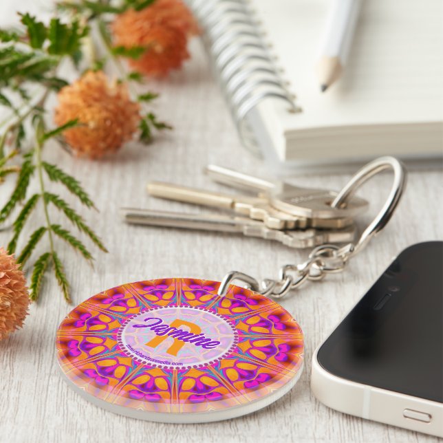 Fuchsia Pink Orange Monogram Keychain (Front Right)