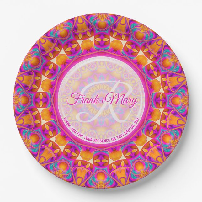 Fuchsia Pink Orange Party Mandala Monogram Paper Plate (Front)