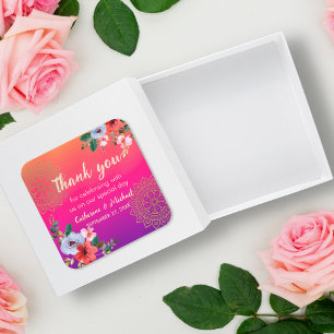 Fuchsia Pink Orange Purple Bright and Bold Floral Square Sticker