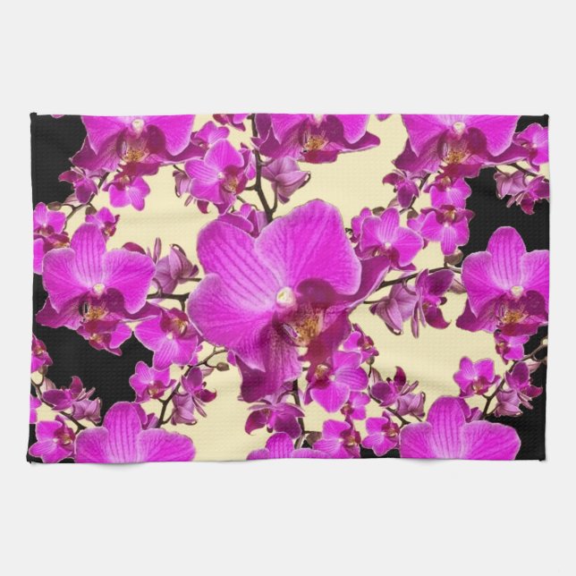 Fuchsia Pink Orchids Cream & Black Pattern Gifts Kitchen Towel (Horizontal)