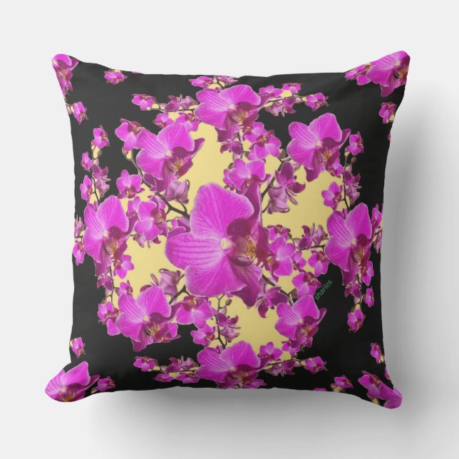 Fuchsia Pink Orchids Cream & Black Pattern Throw Pillow (Front)