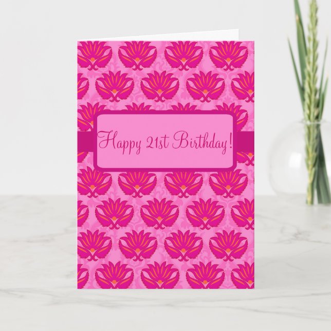 Fuchsia Pink Parisian Damask Happy 21st Birthday Card (Front)