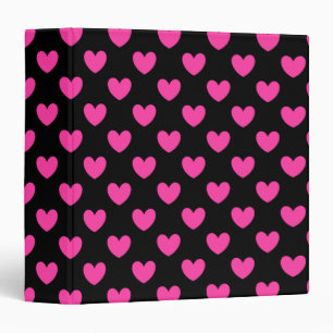 Fuchsia pink polka hearts on black binder