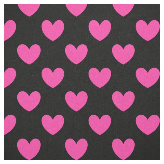 Fuchsia pink polka hearts on black fabric (Swatch)